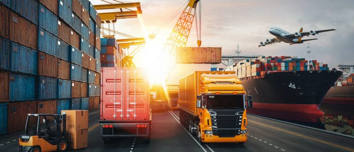 Transportation and logistics of Container Cargo ship and Cargo plane. 3d rendering and illustration.